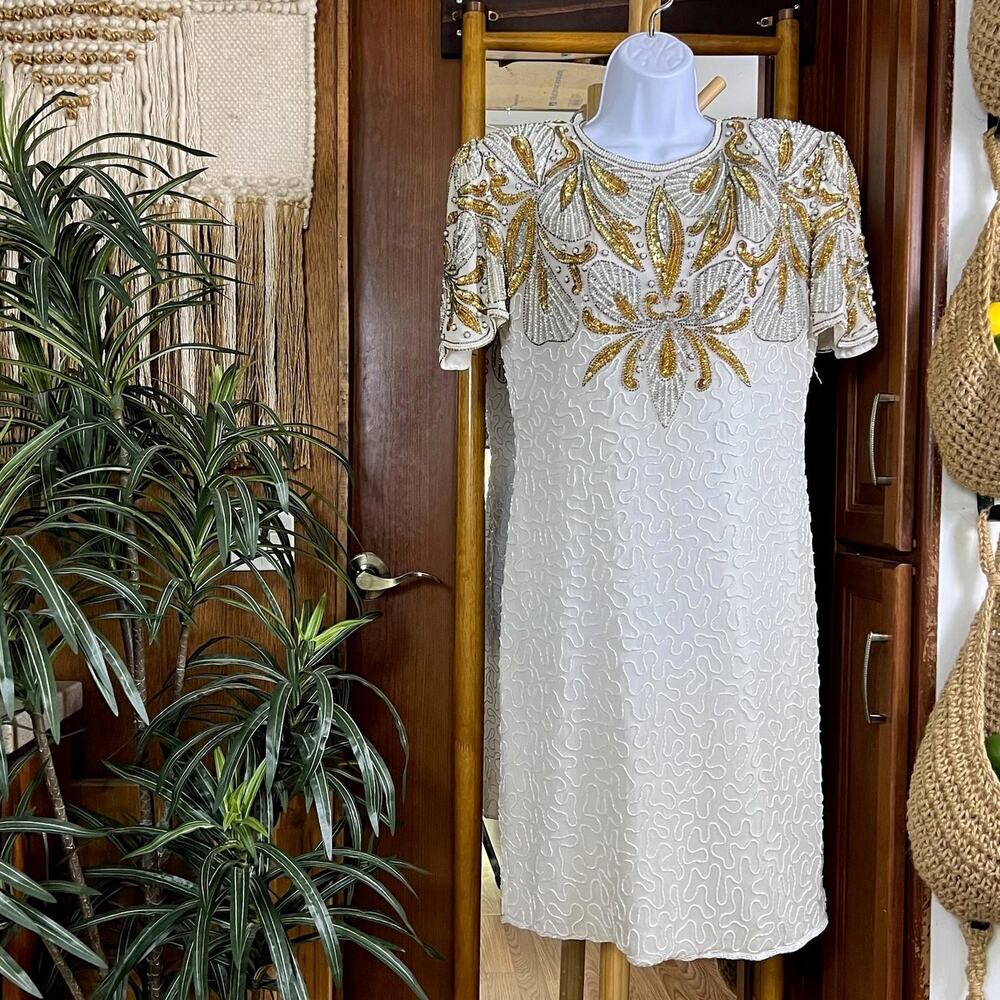 Vintage 90s Laurence Kazar Silk Beaded Sequin Dress M Gatsby Evening Ivory Glam